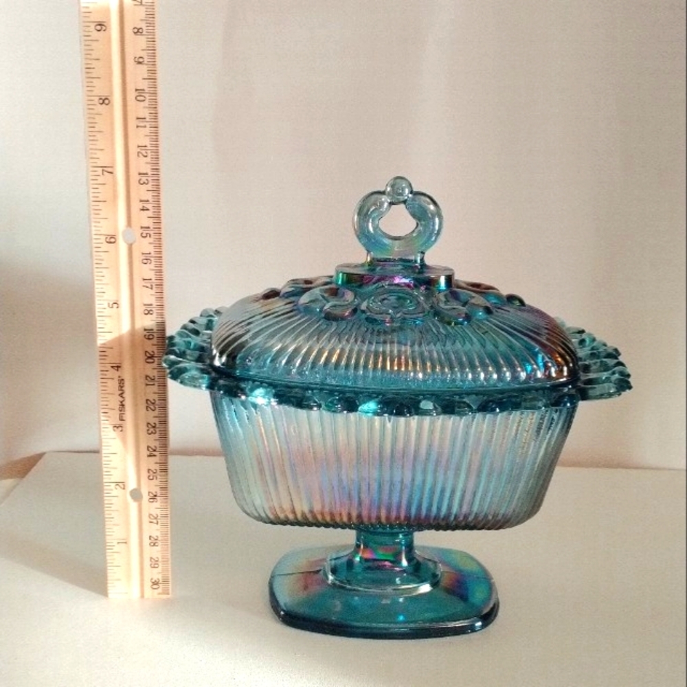Carnival Indiana Iridescent Blue Glass Candy Dish with Lid